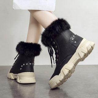 Furry Trim Studded Lace-up Short Boots