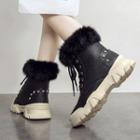 Furry Trim Studded Lace-up Short Boots