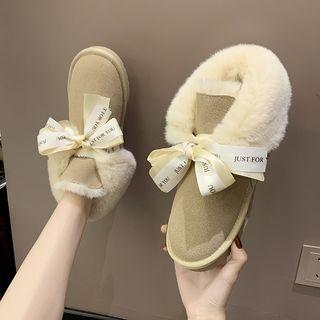 Platform Lettering Bow Accent Fluffy Ankle Boots