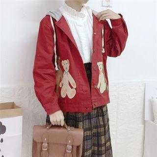 Hooded Bear Buttoned Jacket / Ruffle Blouse / Plaid Midi Skirt