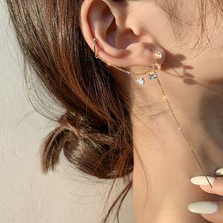 Rhinestone Threader Earring With Ear Cuff 1 Pc - Gold & Transparent - One Size