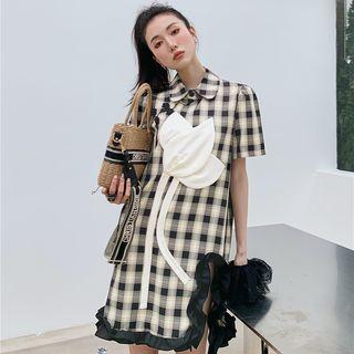Elbow-sleeve Ruffled Plaid Mini A-line Dress