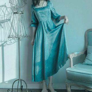Plain Ruffle Trim Elbow-sleeve Midi A-line Dress