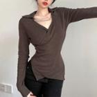Long-sleeve Collared Side-slit T-shirt