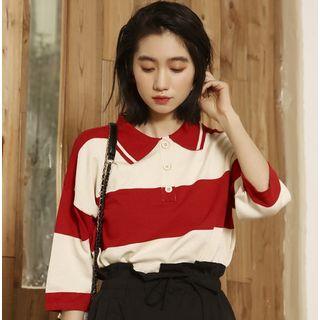 Striped 3/4-sleeve Polo Shirt Red - One Size