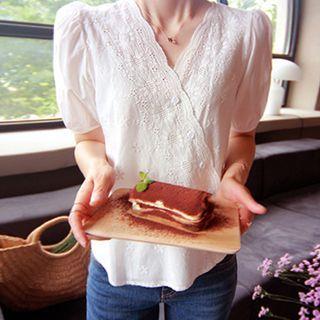 Diagonal Buttoned Eyelet Lace Trim Blouse
