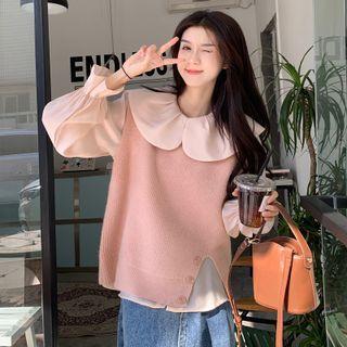 Puff-sleeve Blouse / Ribbed Sweater Vest
