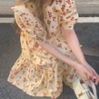 Short-sleeve Floral Print Dress Floral - Beige - One Size
