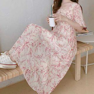 Printed Square-neck Short-sleeve Midi A-line Dress