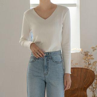 V-neck Lettuce-edge Ribbed Knit Top