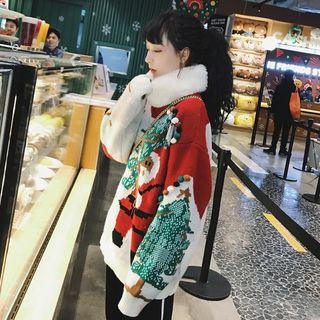 Christmas Print Loose Sweater Red - One Size