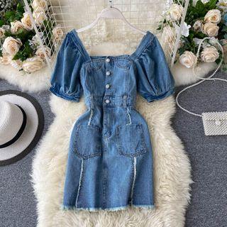 Puff-sleeve Fray-hem Denim Mini A-line Dress