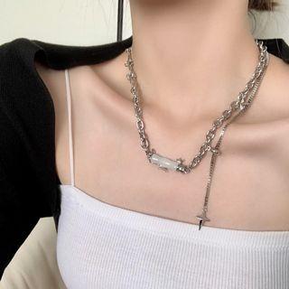 Bamboo Faux Gemstone Pendant Stainless Steel Necklace