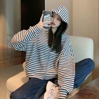 Striped Hooded Zipped Jacket Blue - One Size