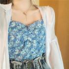 Plain Long-sleeve Loose-fit Shirt / Floral Camisole Top / High-waist Denim Shorts