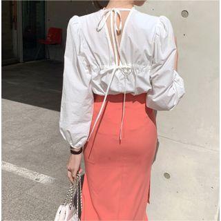 Long Sleeve Round Neck Tie-back Plain Shirt