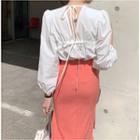 Long Sleeve Round Neck Tie-back Plain Shirt