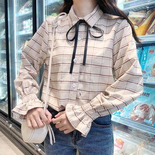 Flare-cuff Plaid Blouse