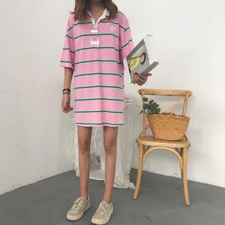 Elbow-sleeve Striped Mini Polo Shirt Dress