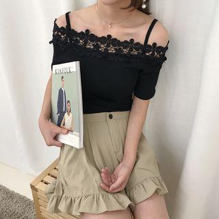 Set: Short-sleeve Open Shoulder Knit Top + Shorts