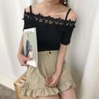 Set: Short-sleeve Open Shoulder Knit Top + Shorts