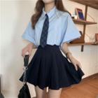 Elbow Sleeve Shirt With Tie / Pleated Skirt
