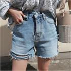 Slashed-hem Washed Denim Shorts