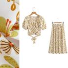 Set: Puff Sleeve Floral Print Crop Blouse / Skirt