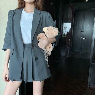 Long-sleeve Plain Blazer / High-waist Pleated Mini Skirt