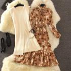 Set: Long-sleeve Floral Midi A-line Dress + Split Hem Long Knit Vest