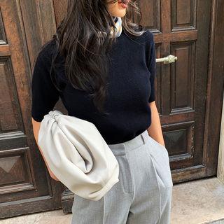 Short-sleeve Cashmere Blend Knit Top Navy Blue - One Size