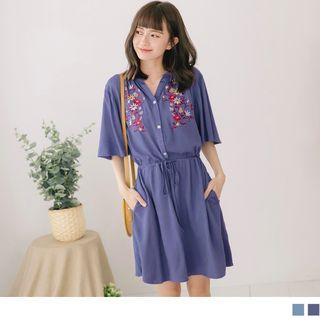 Drawstring Waist Embroidered Short-sleeve Dress