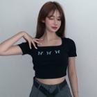 Short-sleeve Butterfly Embroidery T-shirt Black - One Size