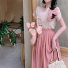 Short-sleeve Floral Print Wrap Blouse / Pleated A-line Midi Skirt