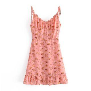 Spaghetti Strap Floral Print Ruffle Trim Mini A-line Dress