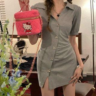 Short-sleeve Collar Bow Button Mini Sheath Dress