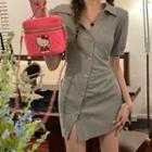 Short-sleeve Collar Bow Button Mini Sheath Dress
