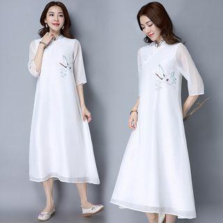 Crane Print Mandarin Collar Elbow Sleeve Dress