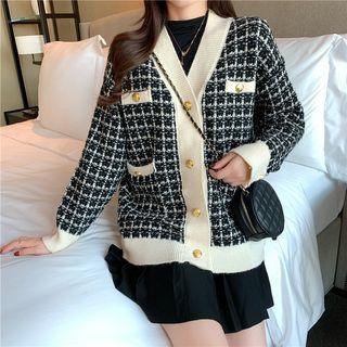 Plaid Tweed Cardigan Black - One Size