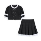 Short-sleeve Ruffle Cropped Blouse / Mini A-line Skirt