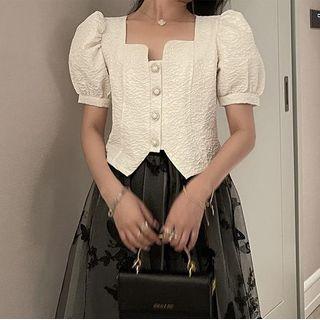 Puff Short-sleeve Square-neck Plain Button Top