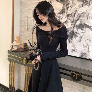 Off Shoulder Plain Knit Long-sleeve Dress