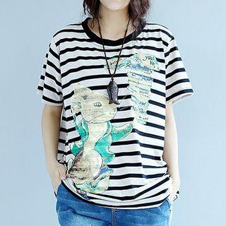 Rabbit Print Striped Short Sleeve T-shirt