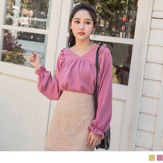 Frilled Trim V-neck Bell Sleeve Top