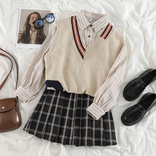 Long-sleeve Striped Shirt / Print Sweater Vest