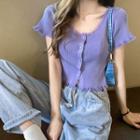 Short-sleeve Ruffle Trim Ribbed Cardigan