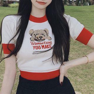 Bear Embroidered Cropped Camisole Top / Short-sleeve T-shirt