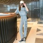 Set Of 2: Short-sleeve Lettering Drawstring T-shirt + Drawstring Lettering Pants