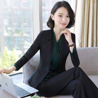 One Button Blazer / Wide-leg Dress Pants / Mini Skirt / Frill Trim Top / Set