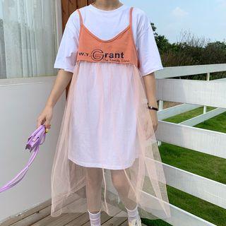 Elbow-sleeve T-shirt Dress / Strappy Sheer Panel Dress